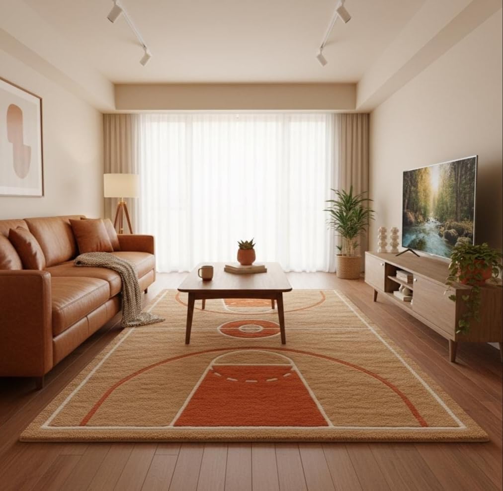 Basketball Court Area Rug, Beige and Orange, Sports Theme, Kids Room Decor, Game Room Floor Mat (8 * 10 feet)