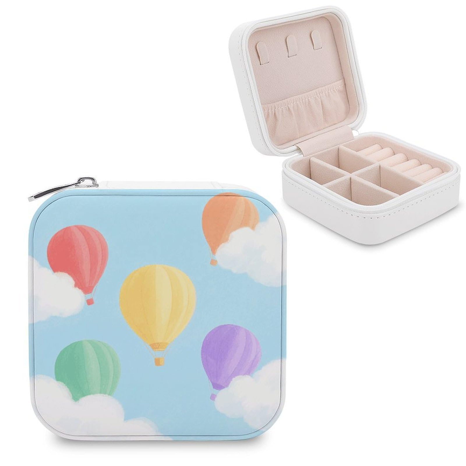 Watercolor Hot Air Balloons And Clouds Jewelry Organizer Travel Case for Women With Zipper Mini Jewelry Case PU Leather Jewelrys Box for Rings Necklaces Bracelets Earring Holder Organizer Storage