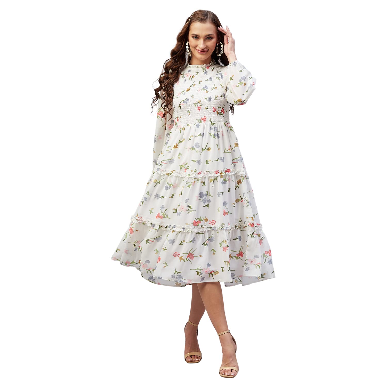 Rare Women Casual Off White Colour Fit And Flare Midi Floral Dress,Medium
