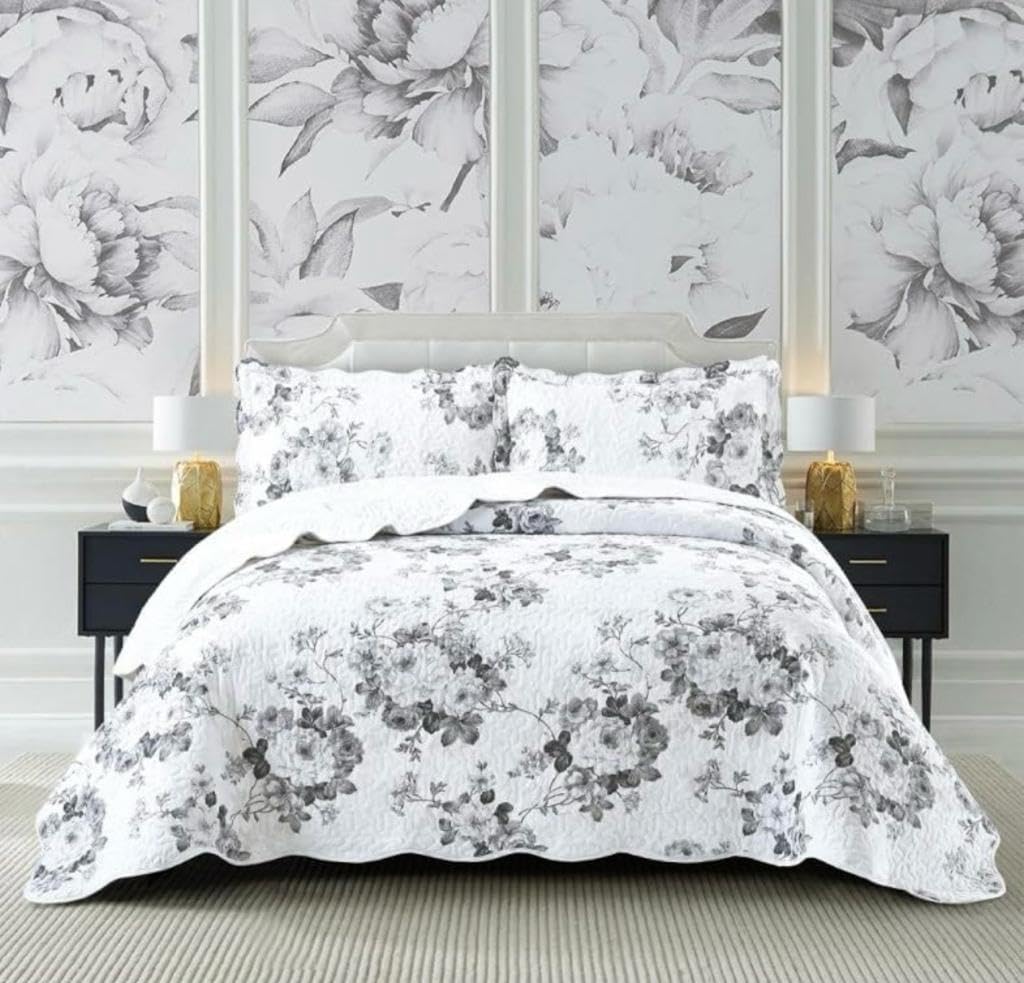 3 PCS Patchwork Bedspread Quilted Bed Throw Single Double King Size Bedding Set (Vintage Grey, Double) — image 1