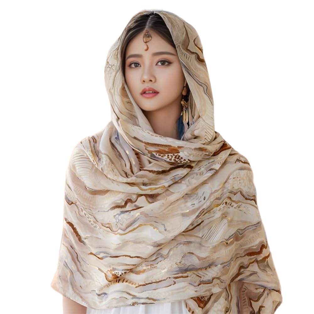 First Choose Women's Beige-Gold Cotton Linen Feeling Large Long Scarf Shawl Check Style Sunscreen Shawls Wraps Lightweight Pattern