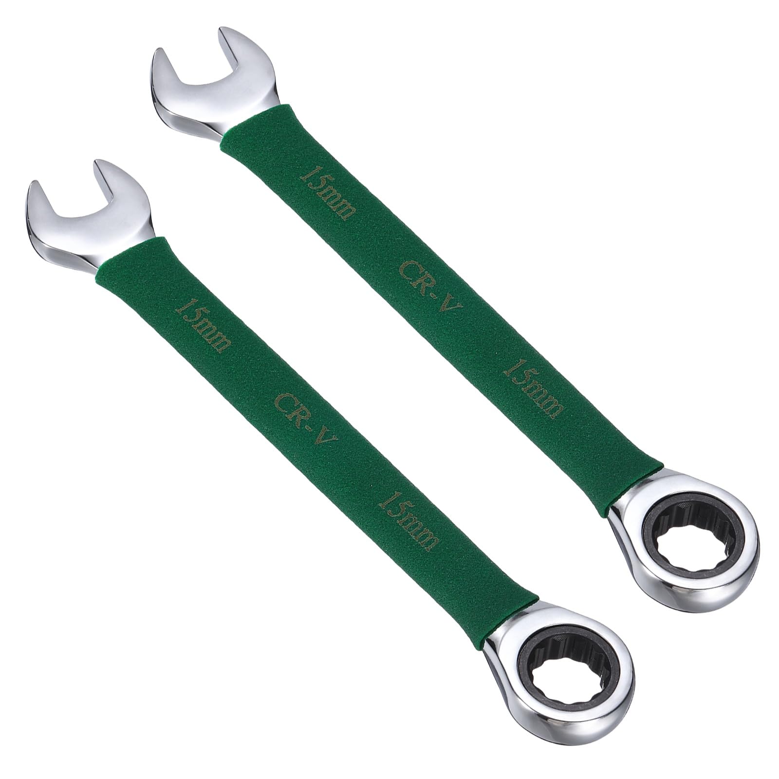 sourcing map 2Pcs Ratcheting Combination Wrench 15mm Stubby Wrench Metric Steel Double 12-Point Box Open-Ended Ratchet Spanner Tool for Household Garage Workshop Auto Repairs, Green