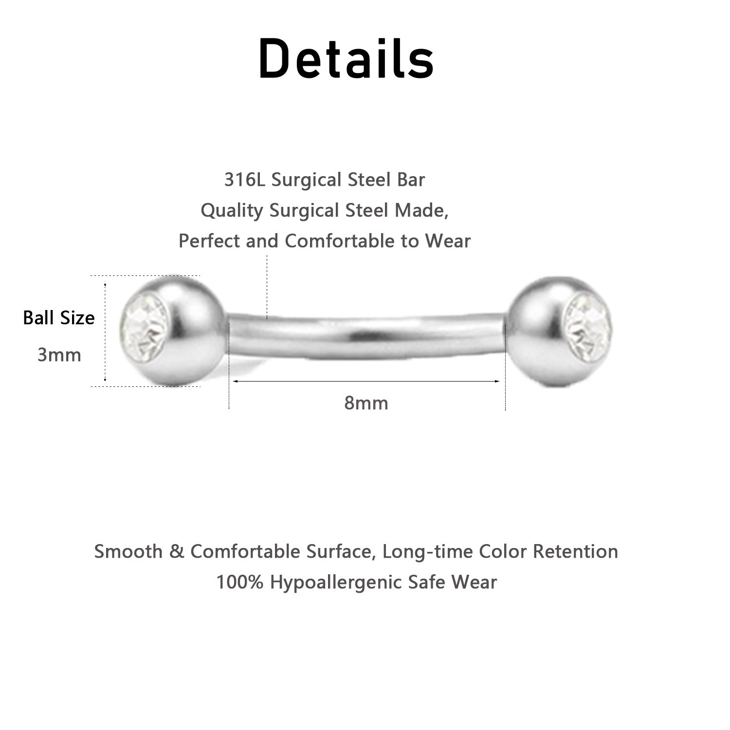 Piercing Curvados Acero Inoxidable 16G Labio Ceja Anillo Labret Septum Helix Rook Cartilago Oreja 6mm 8mm 10mm