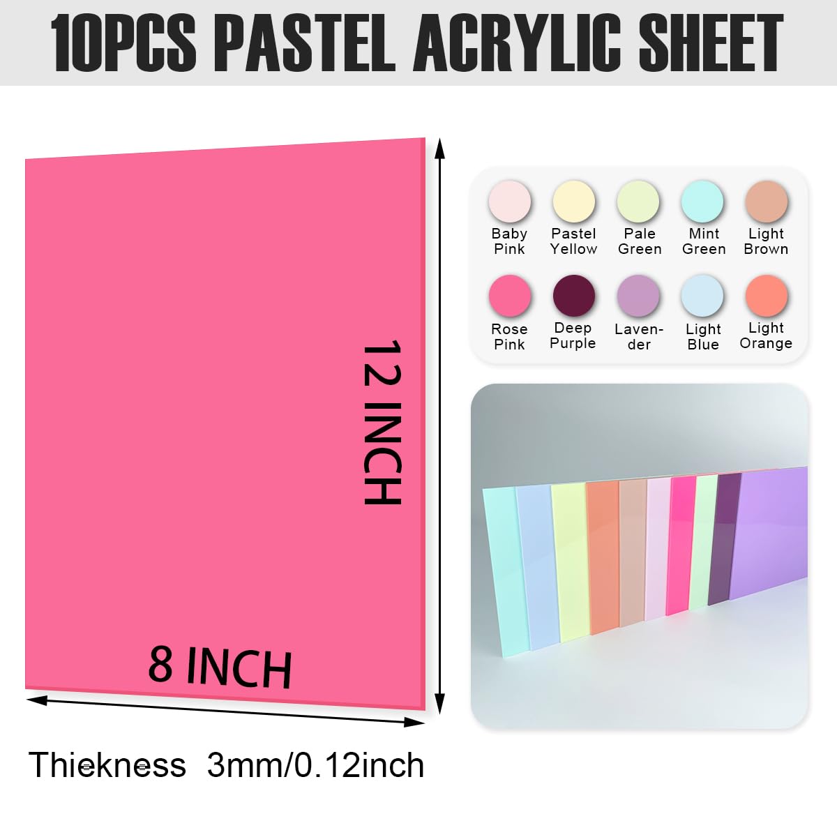 10 Colors Cell Cast Acrylic Sheets 1/8inch (3mm) 8x12 200x300mm Laserable Plexiglass Sheets Plasitc Board for Laser Cutting Engraving DIY Project Craft Picture Frames Sign Weding invitaton