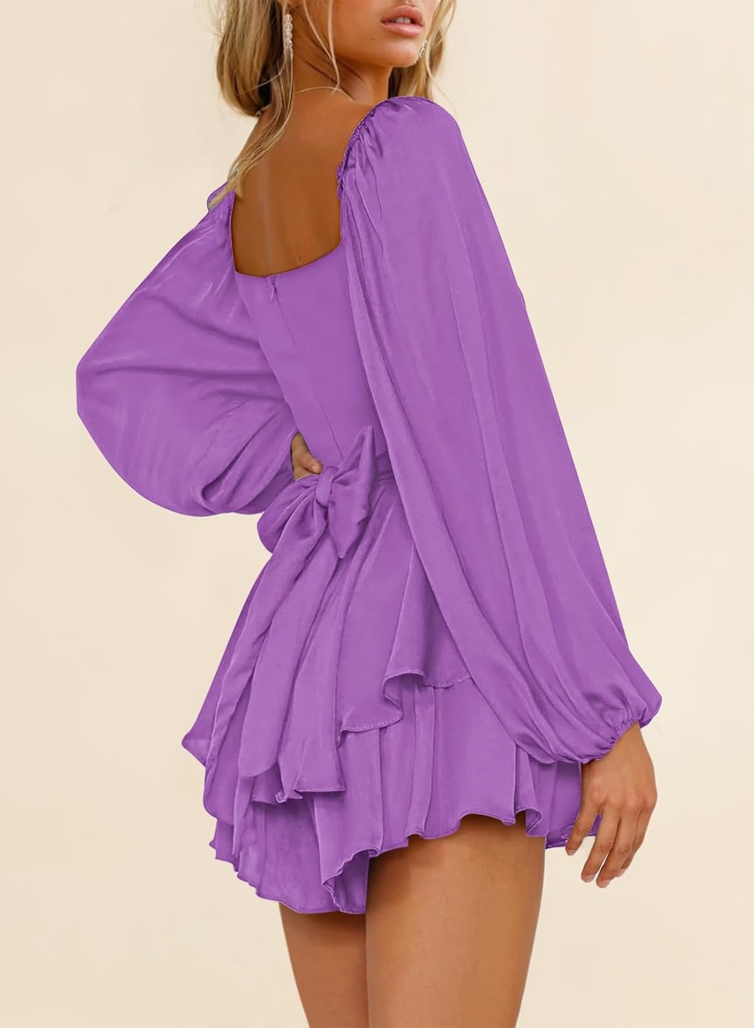 Fixmatti Women off Shoulder Rompers Lantern Long Sleeve Ruffle Tie Mini Shorts Jumpsuit - Image 5