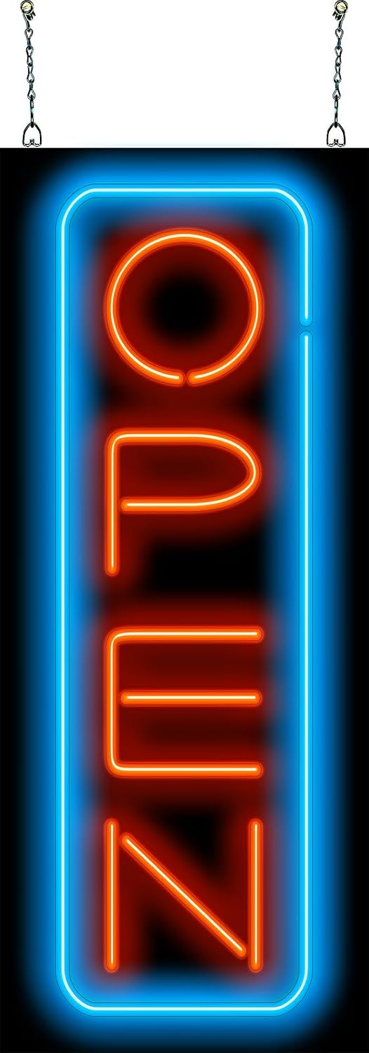 Vertical Deluxe Neon Open Sign with Border - Large Size - 32" high x 13" wide - Real, Quality Hand Bent Neon Sign - Red Letters with a Blue Outer Border