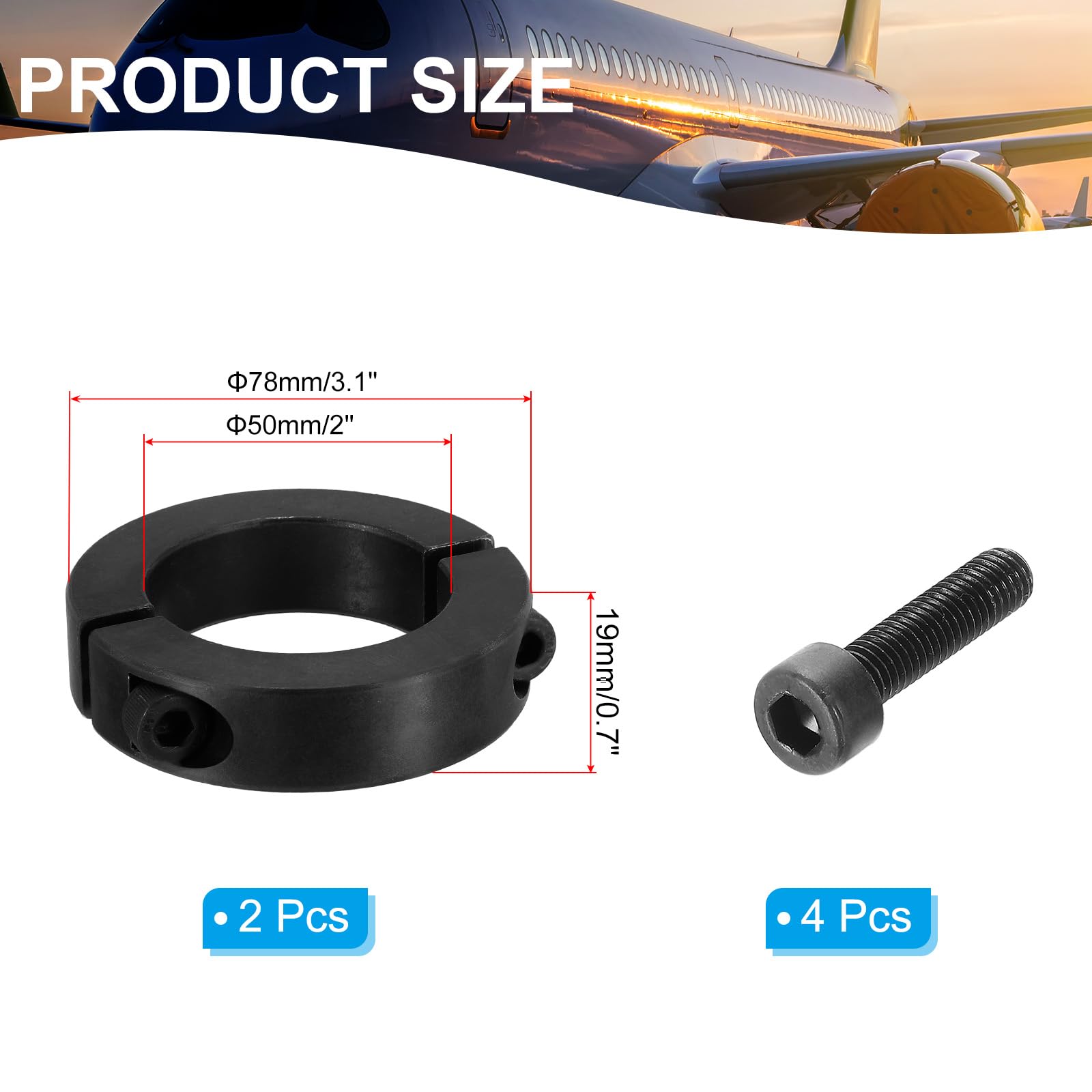 PATIKIL Foro 50mm Collare Albero a Morsetto Doppia Divisione 78mm OD 19mm Spessore, 2pz 45#Collare di Bloccaggio in Acciaio al Carbonio con Vite Fissaggio per Industria Macchinari, Nero
