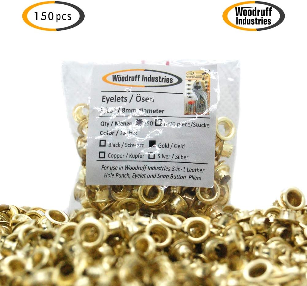 Woodruff Industries 1000 Pieces Gold Eyelets for Hole Punch Clothes and Leather Crafts Standard Eyelets 5mm Hole Nickel Plated Iron Metal Grommets for Tarpaulins and Scrapbooking