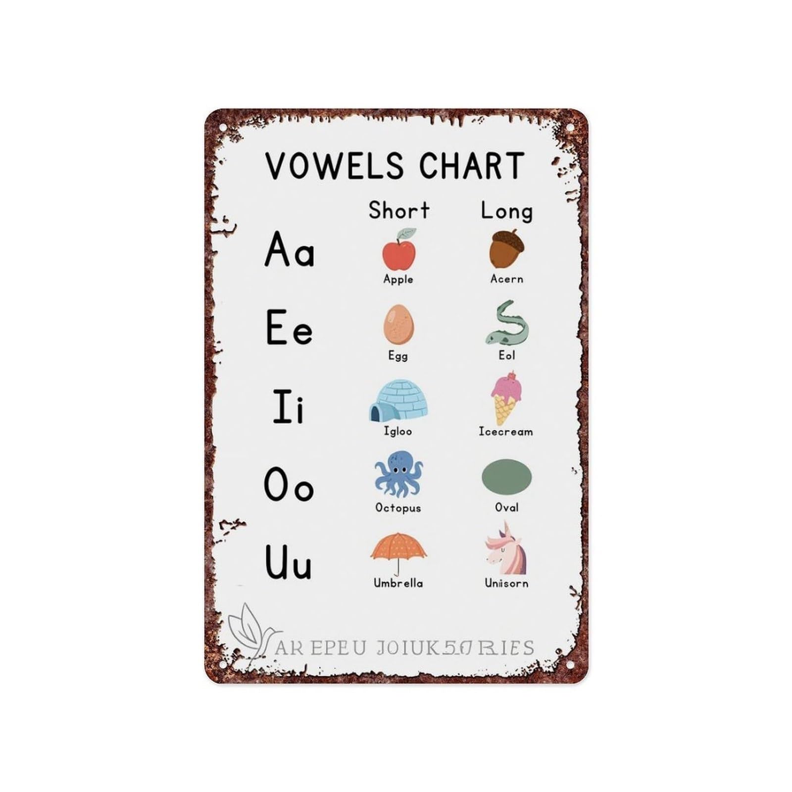 FNYUVNFAF English Vowels Metal Sign Long Vowel Short Vowel Distinction Chart for Kindergarten Preschool Elementary Teacher Supplies Study Room Art 8 X 12 inch