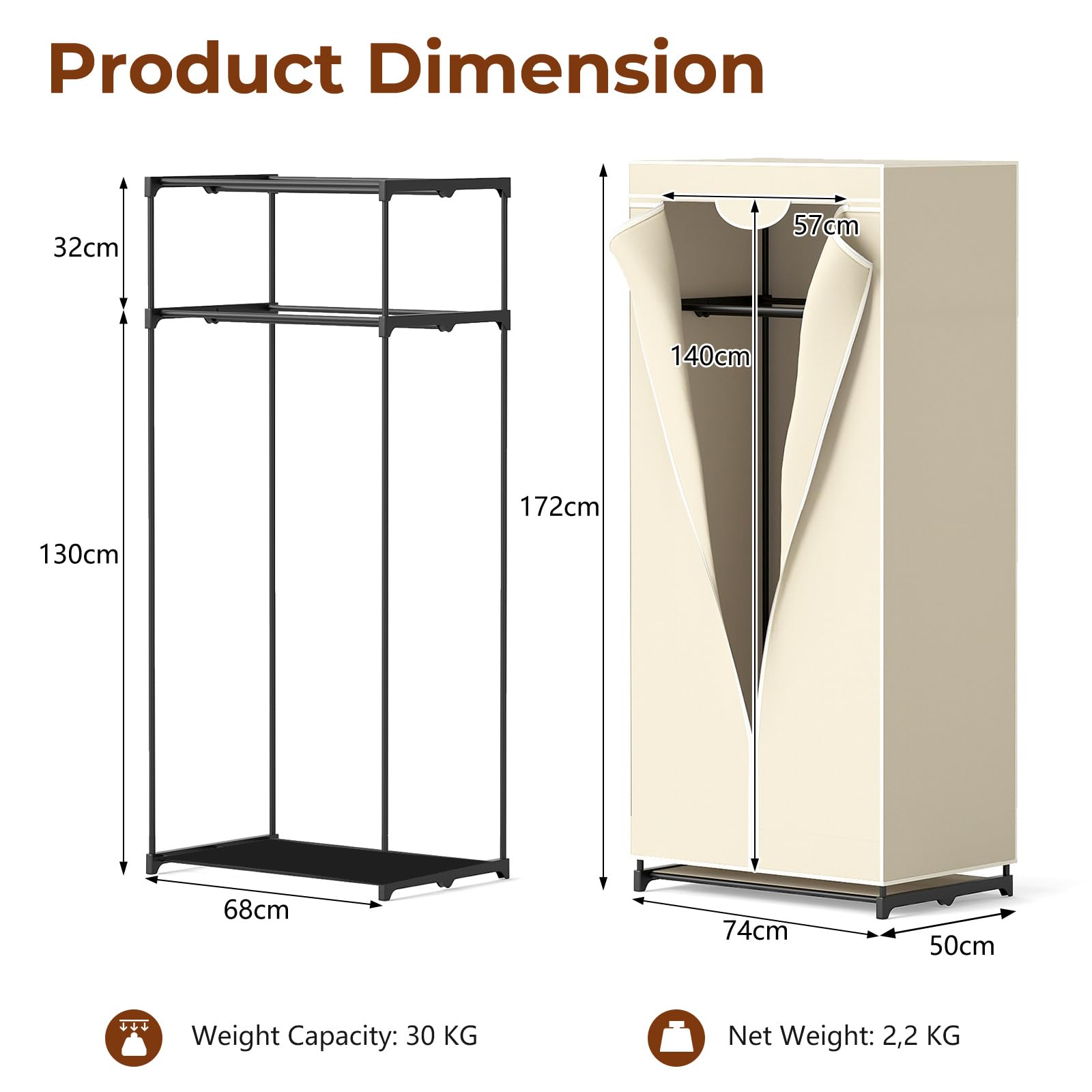 HOMASIS Armario de Tela Plegable,Armario de Ropa Portátil con Cremallera,1 Barra Colgante y 2 Estantes,Organizador de Armarios Ropero para Dormitorio, Vestidor, Salón, 74 x 50 x 172 cm (Beige)