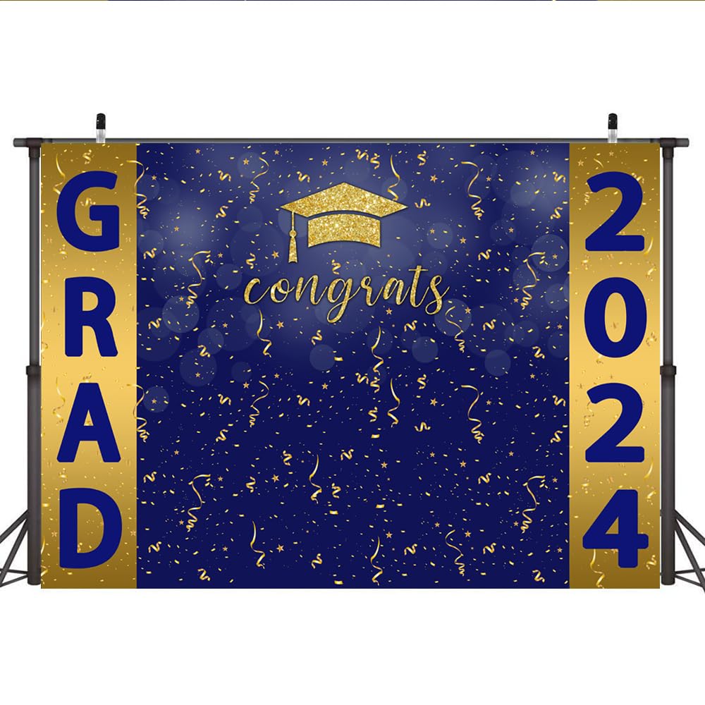 Lofaris 7x5ft Graduation Backdrop Navy Blue and Gold Class of 2024 Congradulation Photography Backdrop Bachelor Cap Congrats Grad Celebration Party Background Photo Booth Studio Props Banner