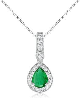 Angara Natural Pear-Shaped Emerald and pave Diamond Halo Pendant/Necklace in 14K Solid Gold/Platinum for Women | May Birth...