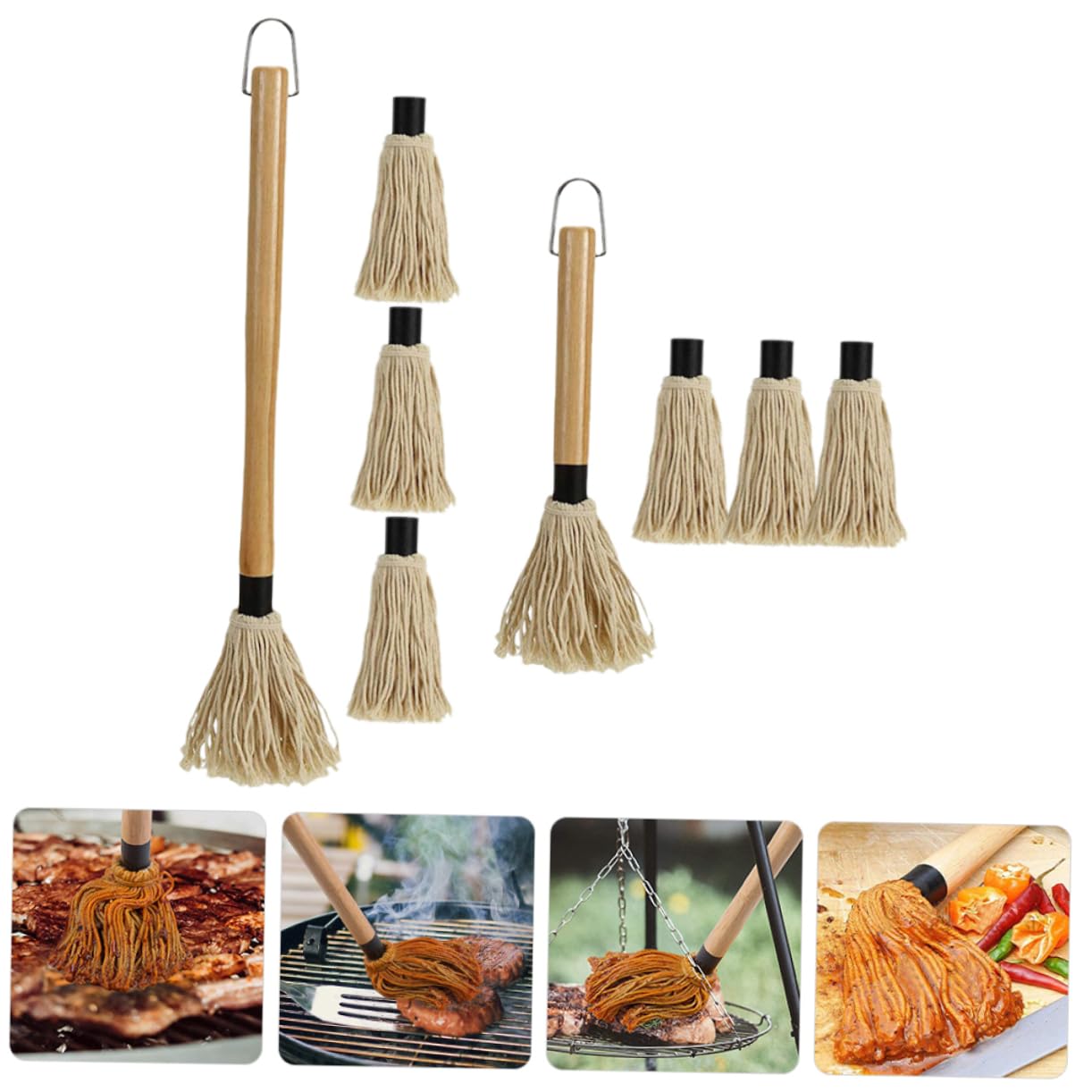 Mikikit 1Set Bbq Basting Mop Cotton Brush with Handle for Grilling Baking and Roasting Durable Bbq Sauce Mop Accessory with Hanging Hook for Easy Storage