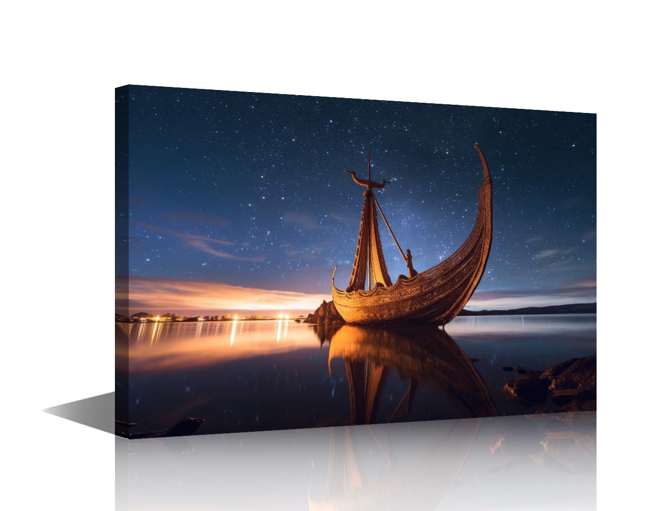 TISHIRON Viking Ship under Starlit Night Sky Canvas Print Wall Art House Wall Decor Night View of the Lake Pictures for Living Room Wall Decoration Modern Artwork for Bedroom 12" Wx18 Hx1 Panel