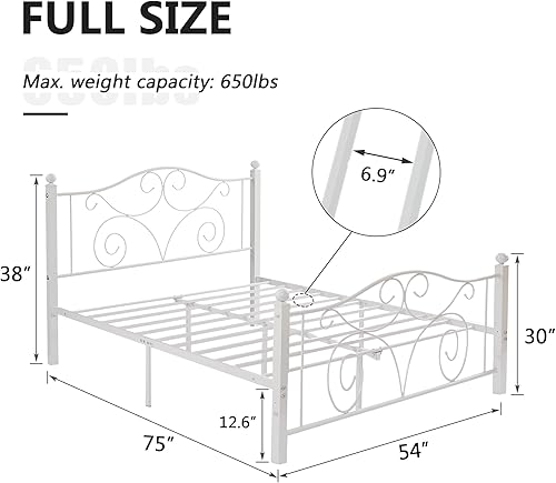 Miniatura 2 de VECELO Base de cama de metal de tamaño matrimonial con cabecera y estribo base de colchón de hierro no necesita somier resistente y fácil de