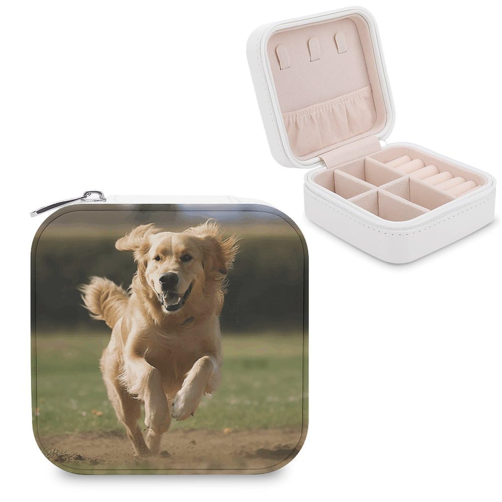 FekiLoot Golden Retriever Running Jewelry Case Personalized Leather Jewelry Box Mini Travel Jewelry Case Small Portable Jewelry Organizer for Ring Earrings Necklace Bracelet