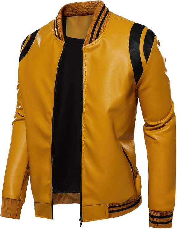 URBAN FEELO Men's Yellow Bomber Black Stripes Sporty Leather