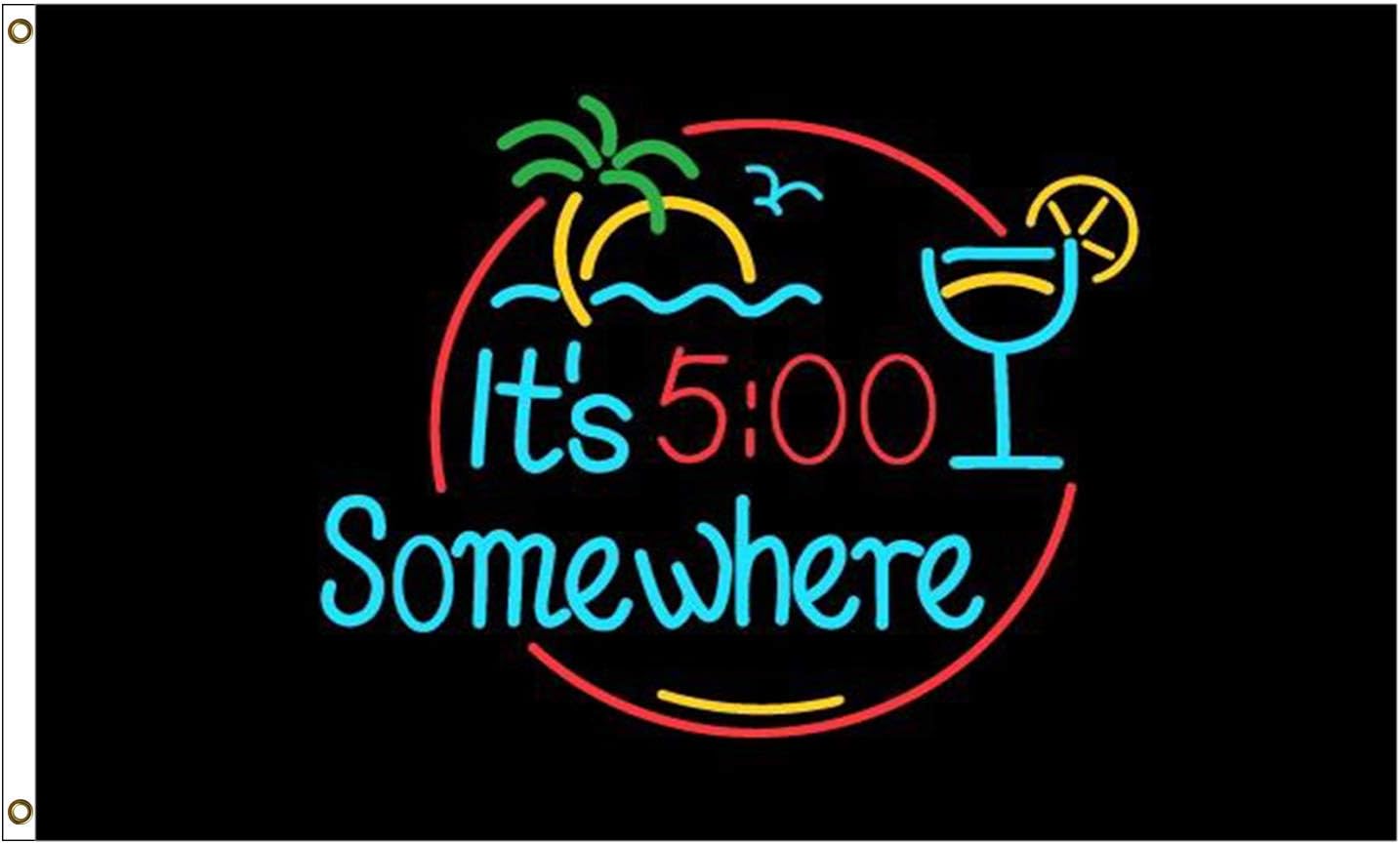 It's 5 O'Clock Somewhere Flag Novelty Party Flag 3x5 ft 100% Polyester With Two Yellow Buttonholes for Bar Beer House College Dorm Room Man Cave Tailgates and Parties