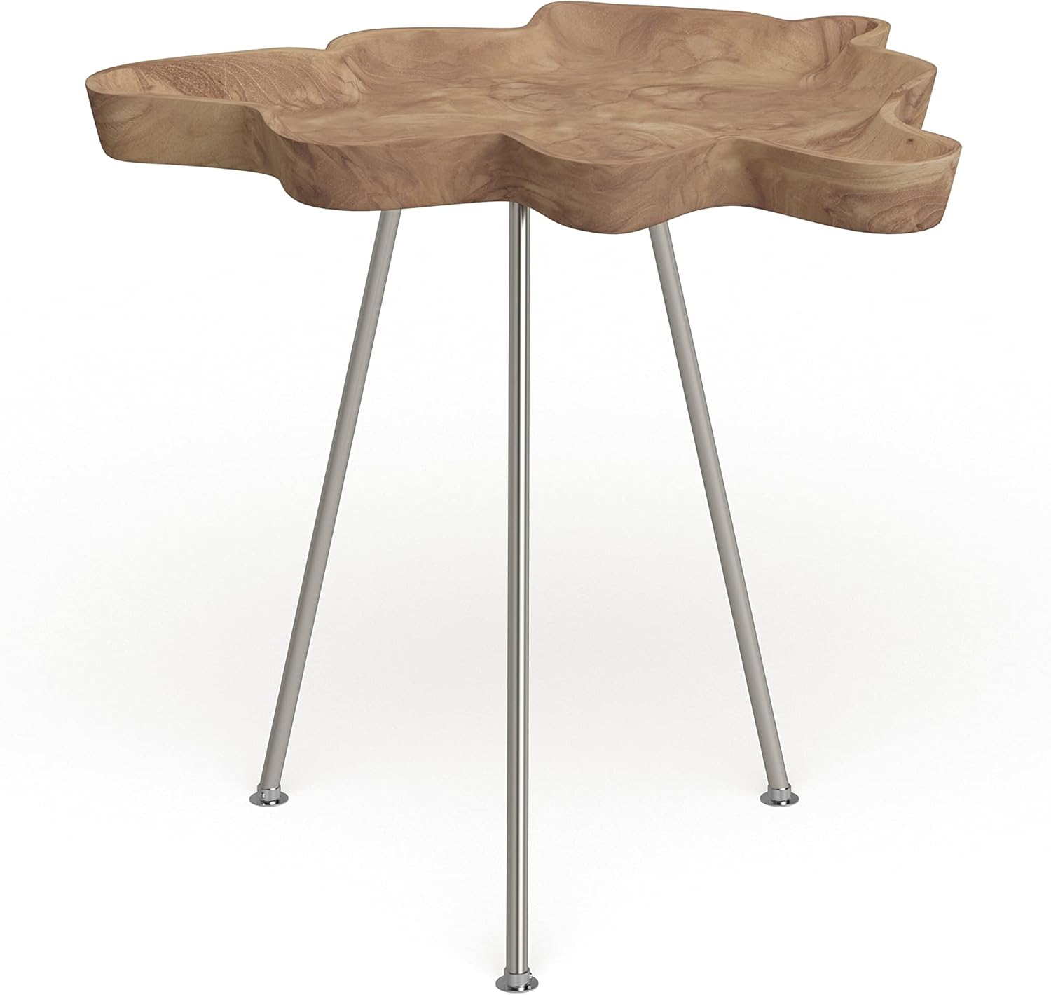Abstract Teak Wood Accent Table with Silver Metal Legs