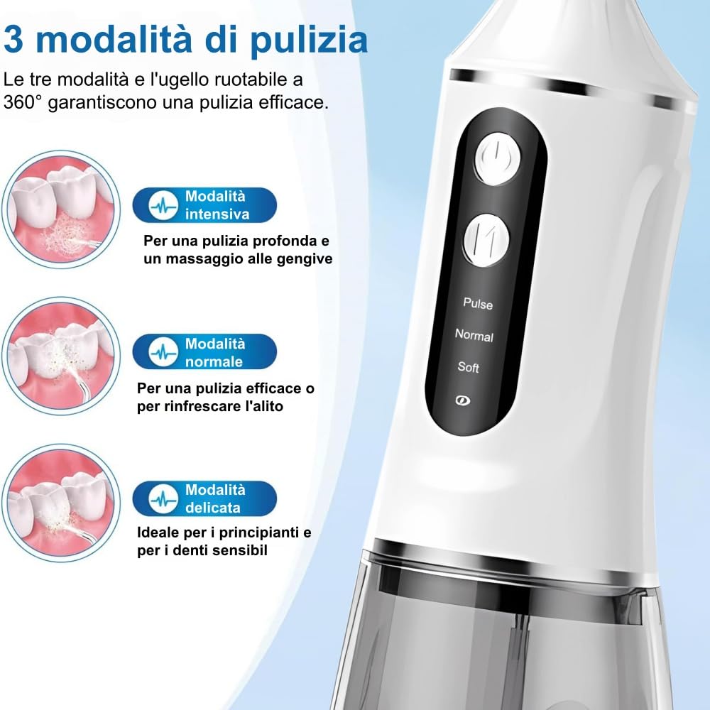 OraSmile Idropulsore Dentale Portatile Elettrico - 3 Modalità, per Uso Domestico e Viaggi