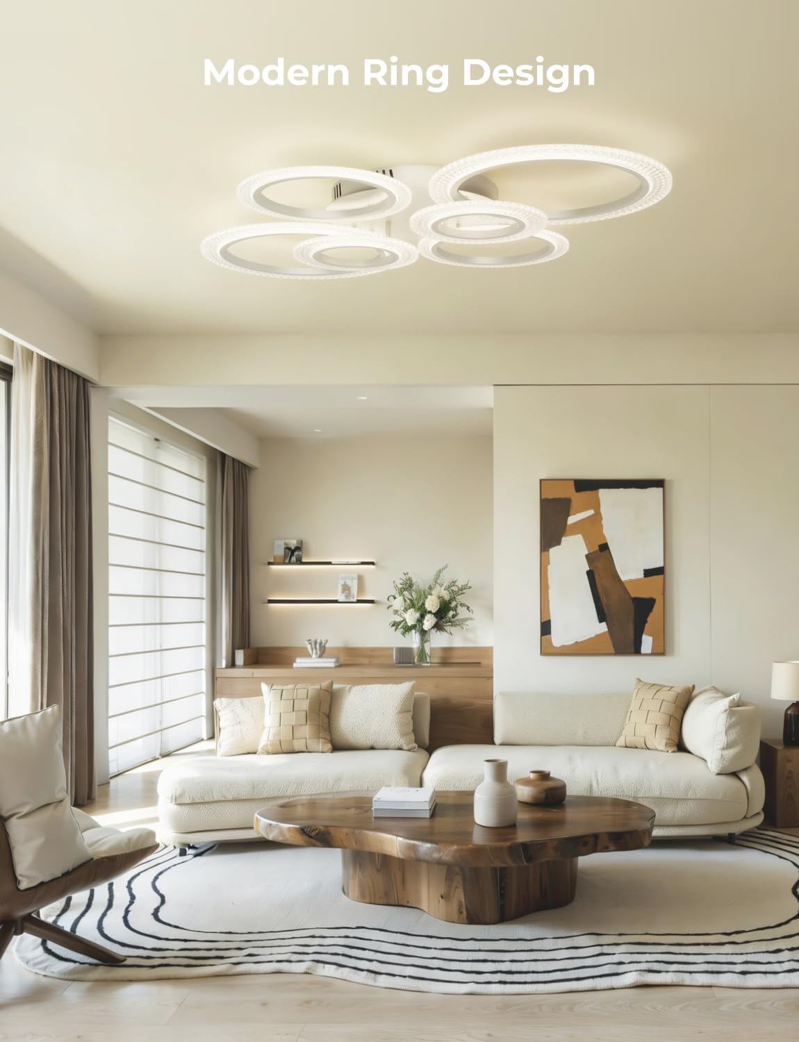 Lámpara de Techo LED Inteligente Diseño de Anillos Moderno, Plafón WiFi 80W 8000LM Regulable, Compatible con Alexa y Google Home, Control por App y Mando, Ø88cm para Salón Dormitorio, Blanco