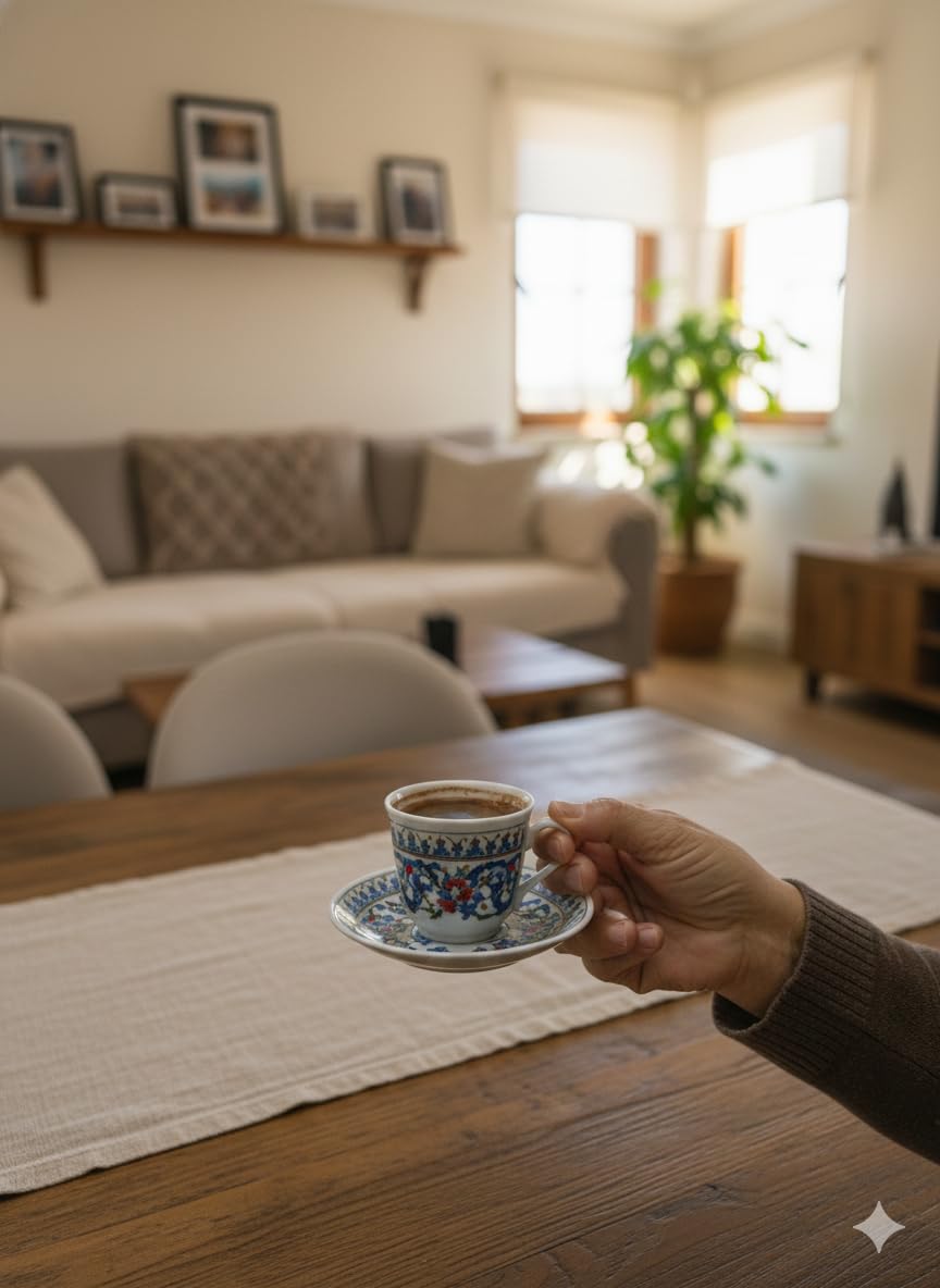 Türk Kahvesi Fincanı ve Tabak Seti,Seramik Çift Parça Kahve Takımı,El İşi İznik Desenli,Geleneksel Çini Motifli Dekoratif Sunum Fincanı,Misafir Sunumları ve Hediye Seçenekleri İçin Özel Tasarım