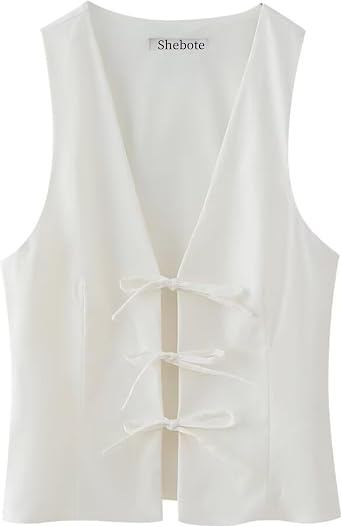 Womens Sleeveless Bow Tie Front Vest Business Casual Solid Slim Fit V Neck Dressy Waistcoat Vest Tank Tops
