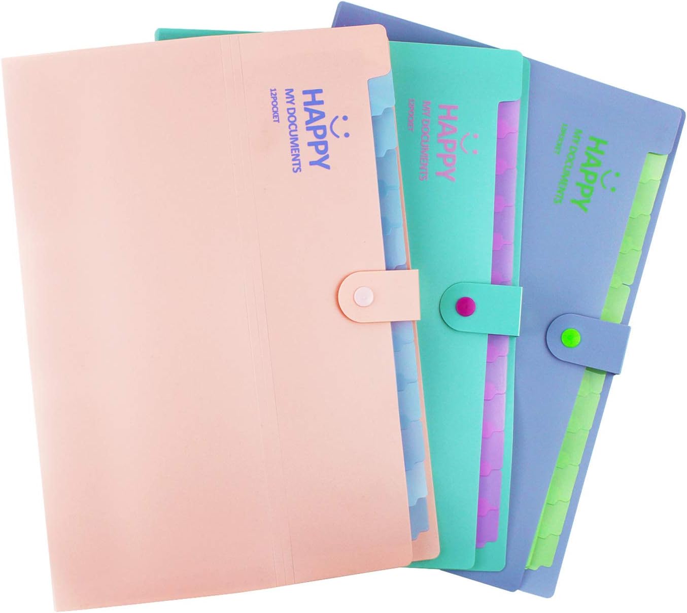 Expanding File Folder 12 Tab Positions Letter Size Organizer Office Educational Supplies 3 Pack Pink/Purple/Green