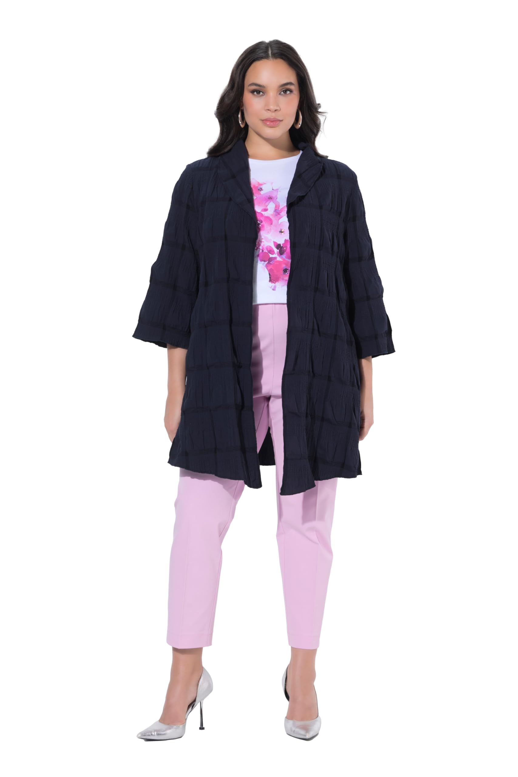 Ulla Popken Damen große Größen Übergrößen Plus Size Jacke, 3D-Struktur, A-Linie, V-Ausschnitt, 3/4-Arm 829575