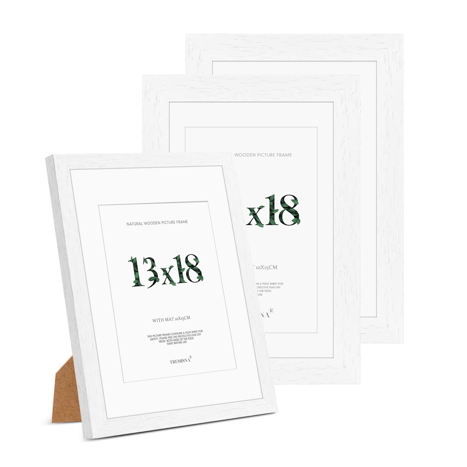 Tremisna® 3x Picture Frames 13x18. White Wood Photo Frame 5x7 with HD Perspex and Stand for Wall Mounting or Table Top Display