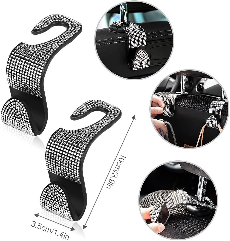 Diamond Bling Steering Wheel Cover for Women Universal Fit 15 Inch, 2 Glitter Rhinestone License Plate Frames, Crystal Car Seat Hooks for Purses Handbags, 15 Bling Car Accessories for Women