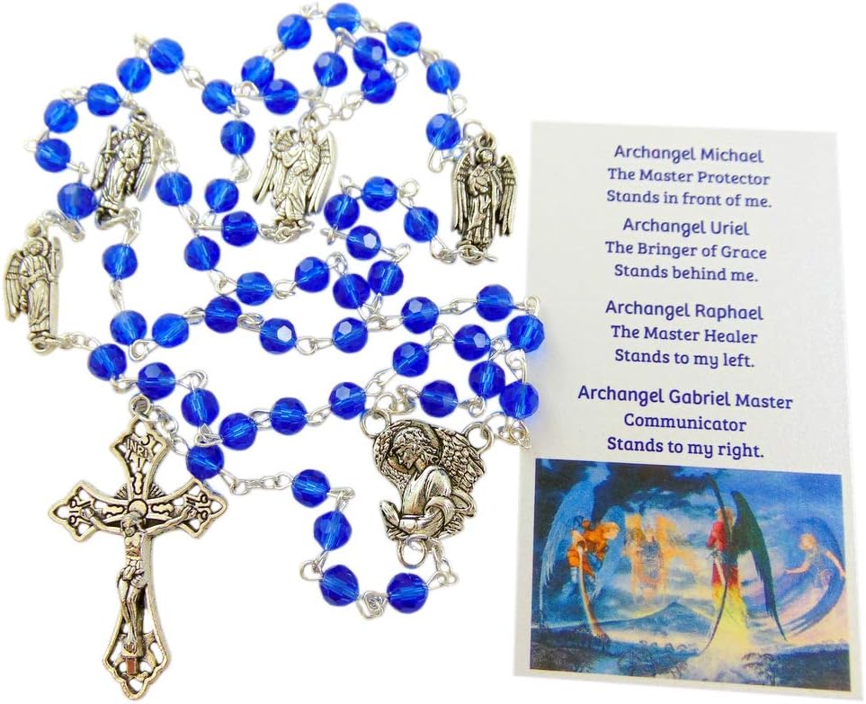 Westmon Works St Michael and the Archangels Rosary Glass Beads Metal Crucifix and Center with Prayer Card, 3 inch, Glass