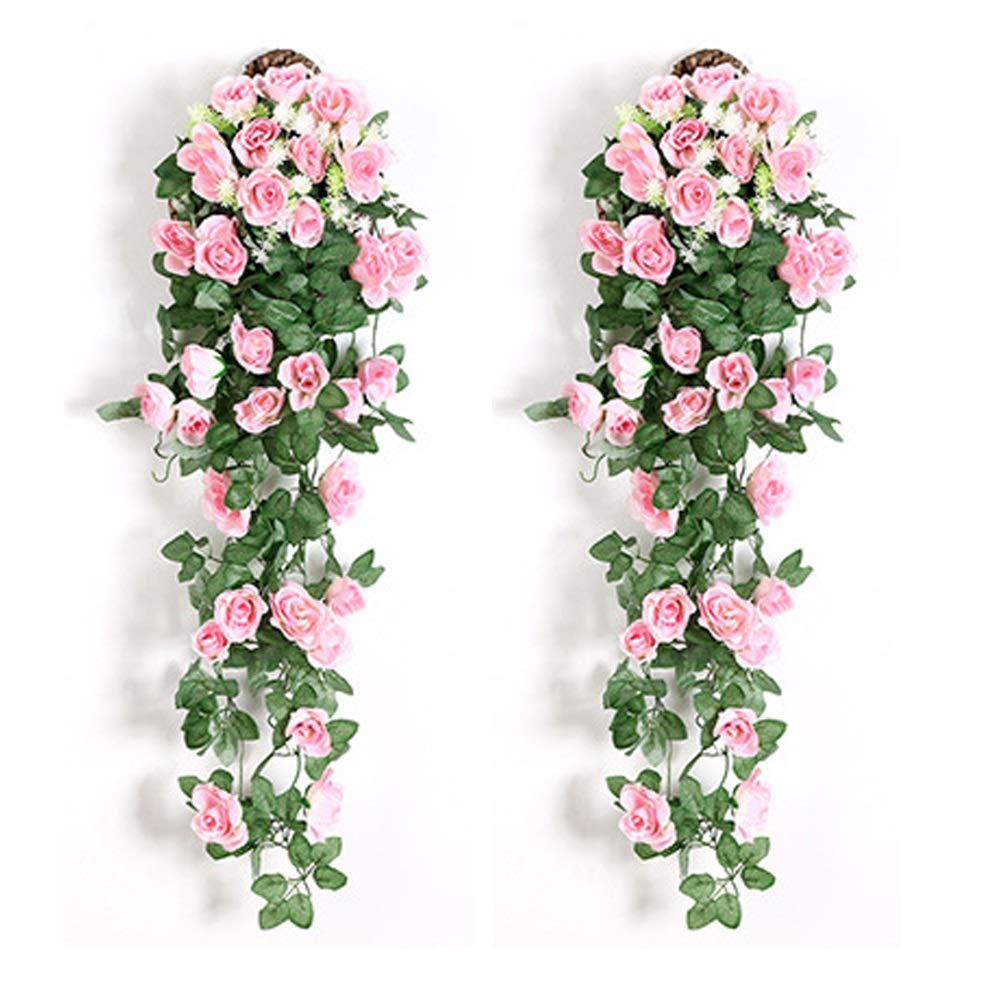 Orumrud 2 Packs Artificial Rose Flowers Hanging Vines Plants Plastic Fake Rose Vine Greenery Drooping Plant for Wall Indoor Outside Garden Wedding Hanging Decoration (Color : Pink, Size : 2 Packs)