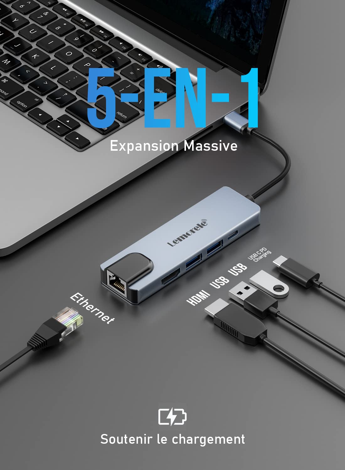 Lemorele Hub USB C 5-en-1 Adaptateur Multiport Ethernet RJ45 4K HDMI 2 USB 3.0 PD 100W