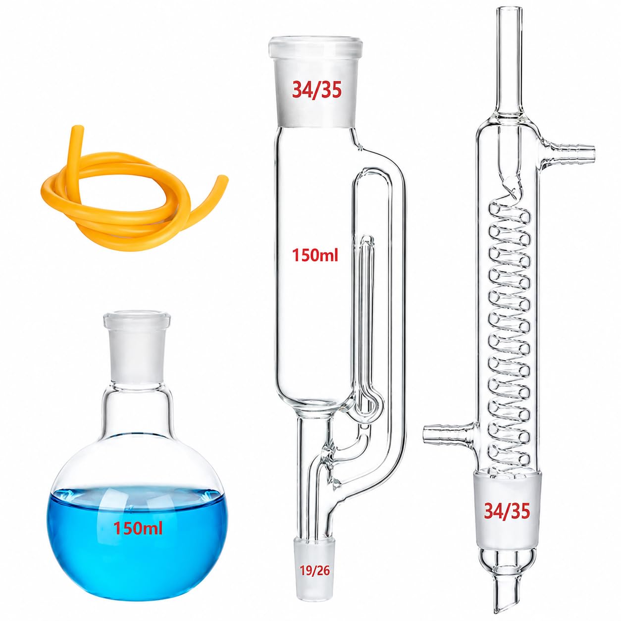 Soxhlet Typ Extraktionsgerät Laborglas Kit Borosilikatglas Soxhlet Extraktor mit Kondensator und Flachbodenkolbe mit Gummirohr (60ml)