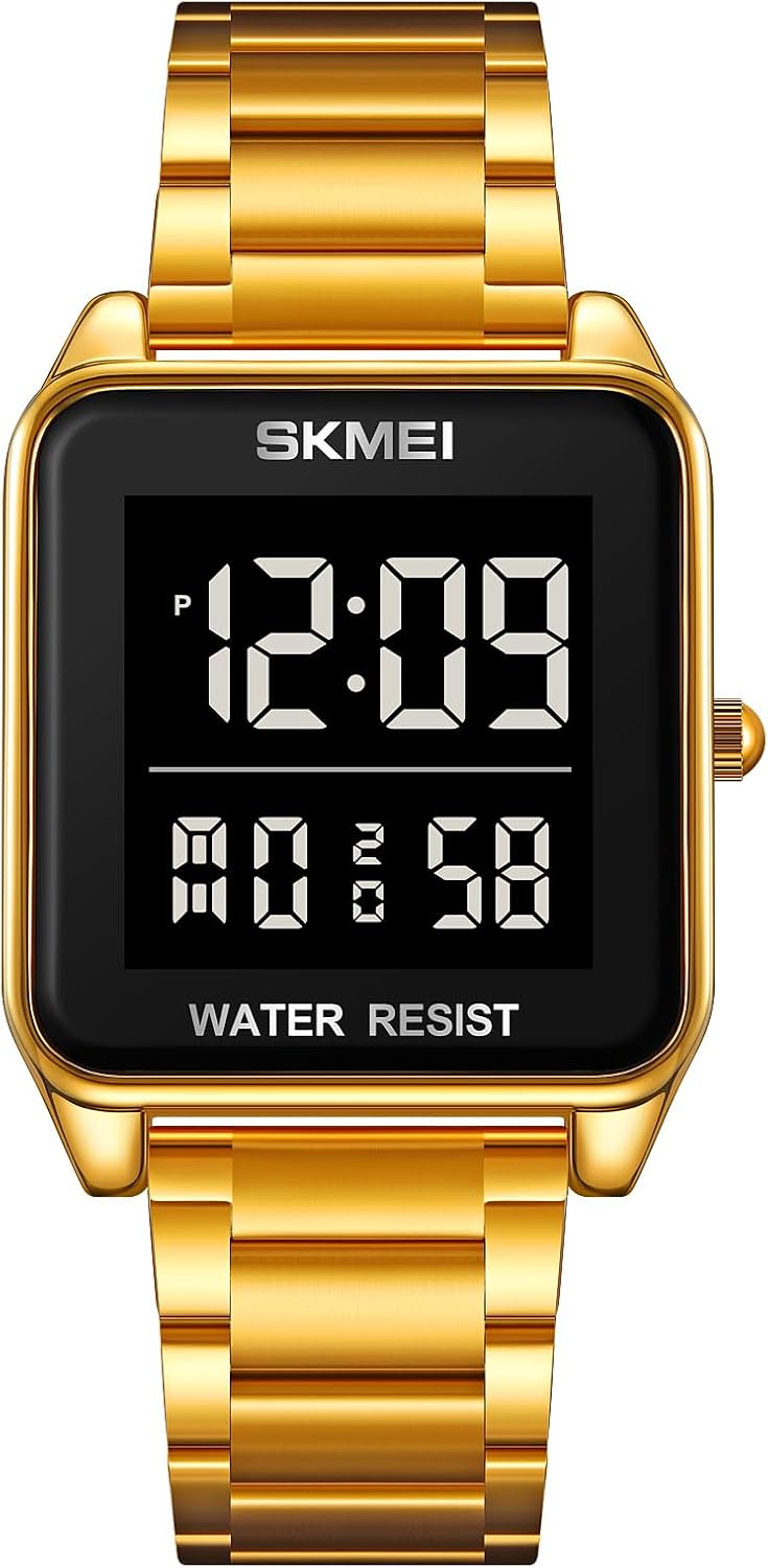 FANMIS Men's Electronic Square Digital Sports Watch Multifunctional Sports Waterproof Watch Classics Business Dress Watch LED Backlight Stainless Steel Student Watch