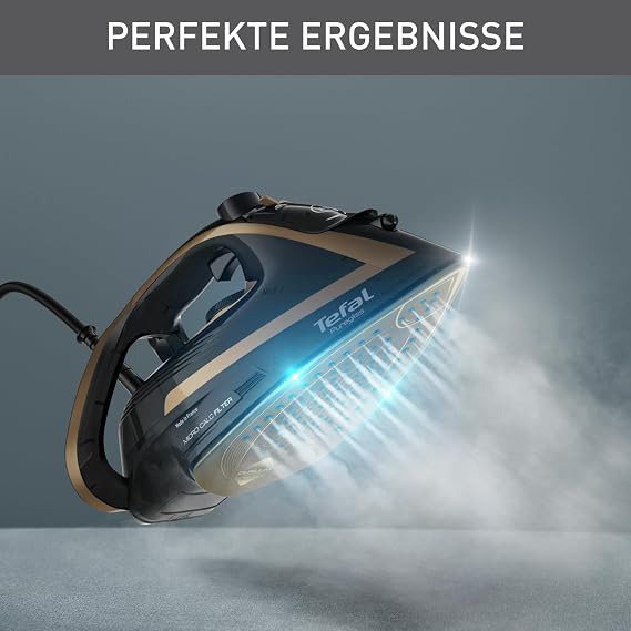 Tefal Puregliss Steam Iron 3000 Watt 280 g/min Steam Boost 0-50 g/min. Variable Steam Vertical Steam Durilium AirGlide Autoclean Soleplate Micro-Calc Filter Black/Gold FV8064