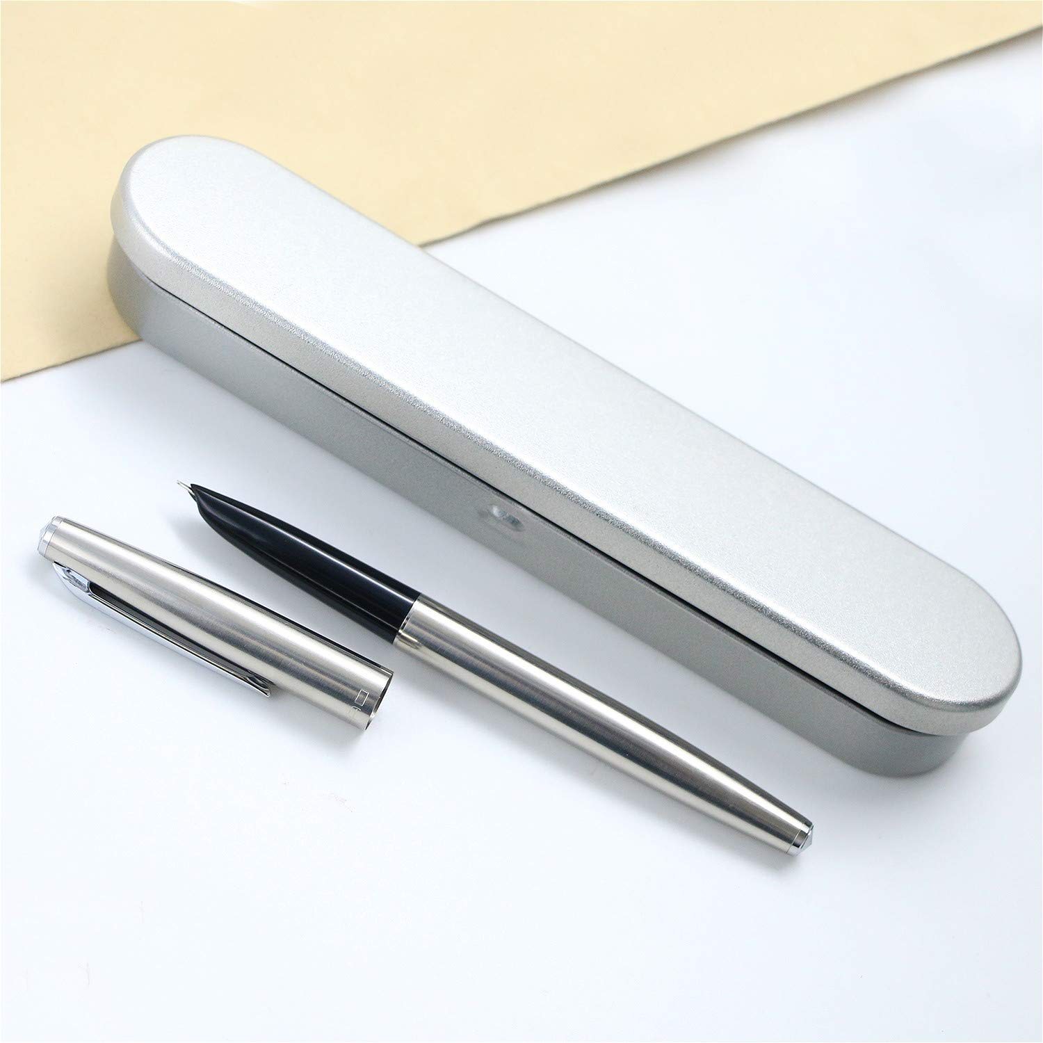 911 Fountain Pen - Stainless Steel Body - 0.38mm Extra Fine Nib Calligraphy Writing Pens Includes Ink Refill Converter with Pen Case Set