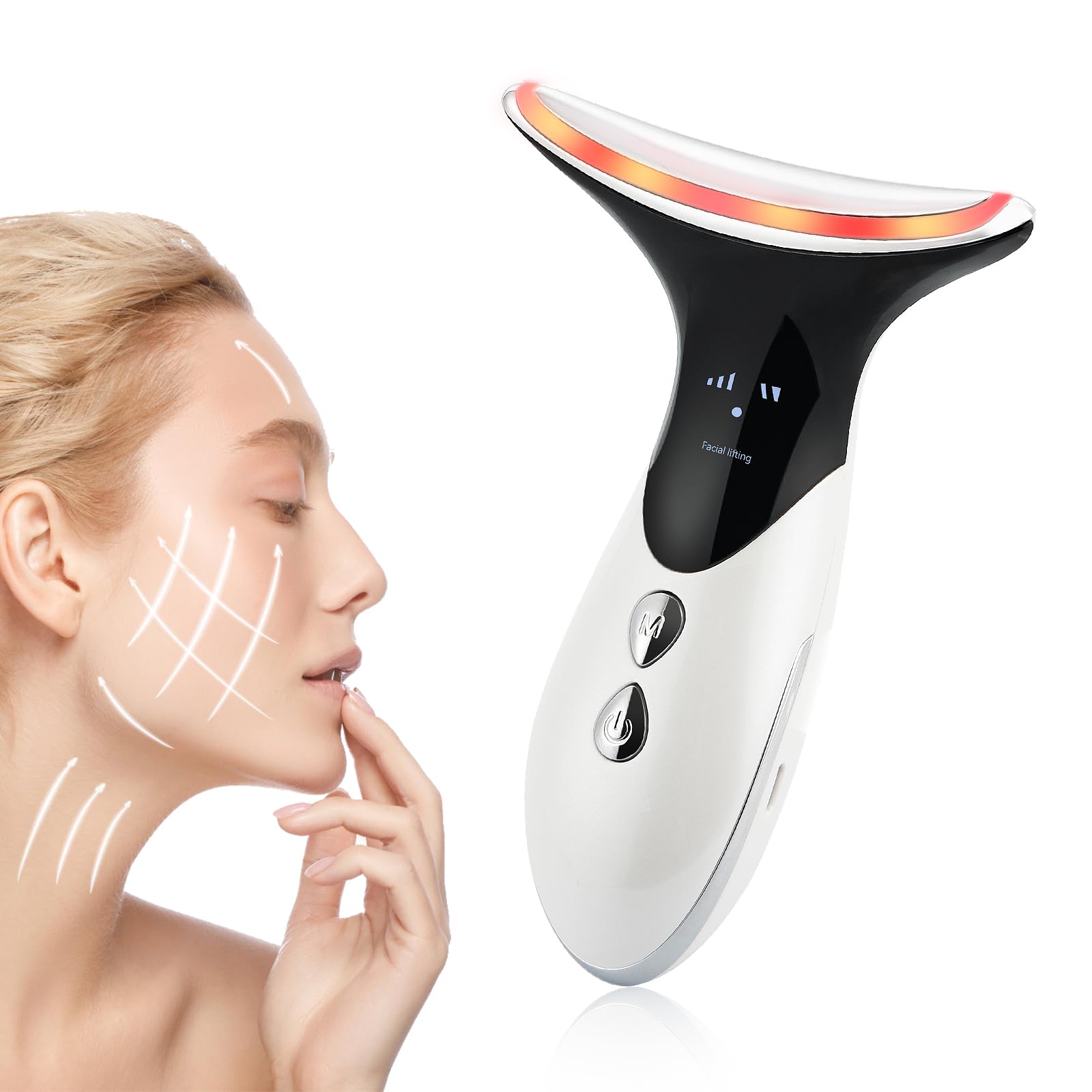 LIARTY Masajeador de Belleza Cuello Facial con Calefacción, Cuello Antiarrugas Masajeador de Belleza con Terapia LED de 3 colores para Anti-envejecimiento (prima en blanco y negro)