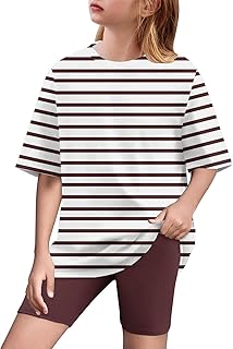 Conjunto de 2 piezas de pantalones cortos de yoga para niñas, de manga corta, cuello redondo, estampado de rayas, para yoga, informal, para verano, para niños de 5 a 15 años