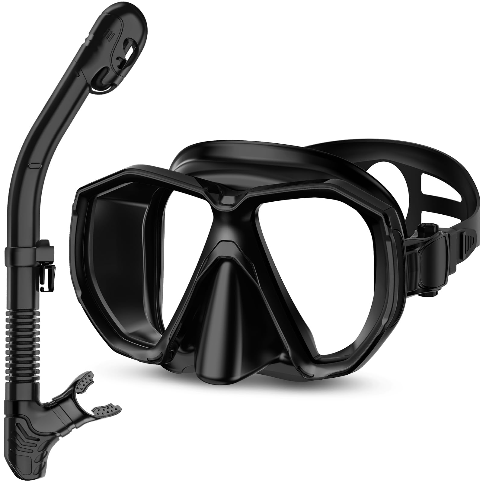 Snorkel Set Adults Snorkeling Gear Anti-Leak and Anti-Fog Tempered Glass Lens Panoramic View Swim Mask Dry Top Snorkel Kit for Snorkeling Scuba Diving Swimming Travel with Carry Bag