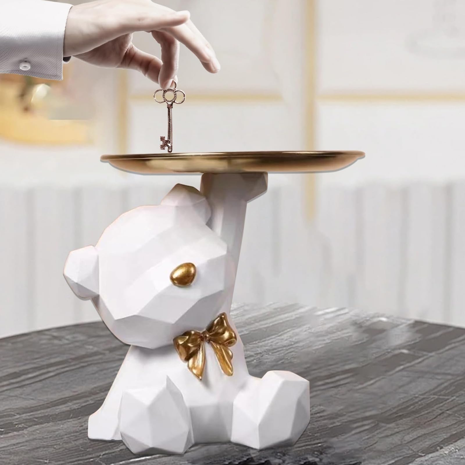Sculpture d'Ours en Résine Plateau Décoratif, Statue de Rangement Mignon (Blanc)
