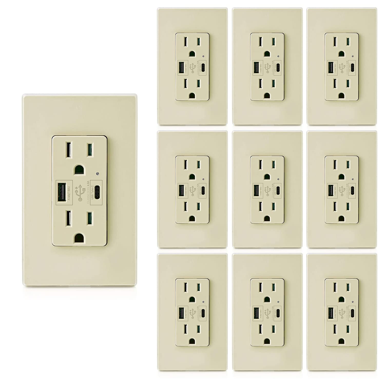 Micmi Ivory USB Outlet with C + A Wall Dual High Speed Receptacle Smart 4.8A Fast Charging Capability, 15 Amp 125Volt, Tamper Resistant Wall Plate