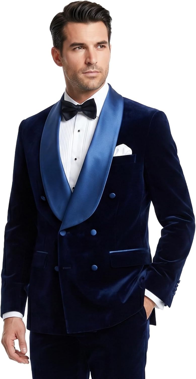 Men's Velvet Tuxedo Jacket, Navy Blue with Satin Shawl Collar, Double-Breasted