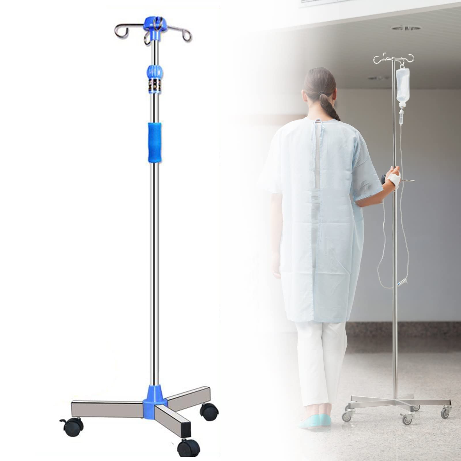 4-Hook 3 Legs IV Stand, Rolling IV Drip Stand Medical, Stainless