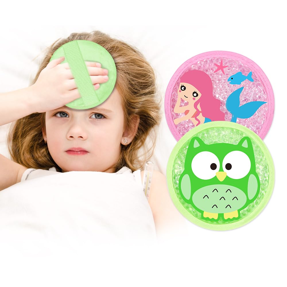 Kids Ice Packs for Injuries Reusable 2 Packs Cold or Warm Compress Gel Bead Cooling Packs with Strap for Neck Head Fever Wisdom Teeth Recovery First Aid 4.9 Inch