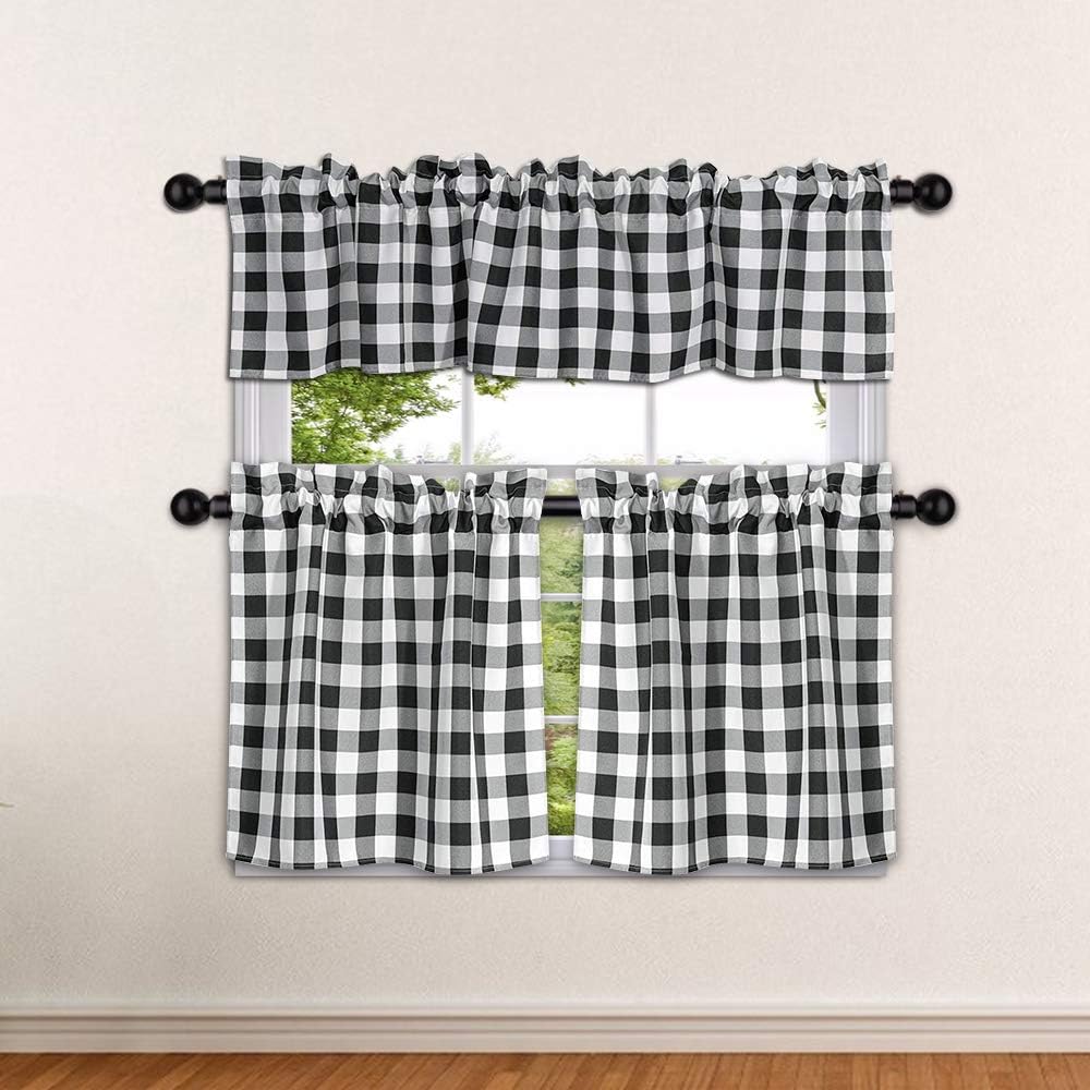 SEEYE Farmhouse Kitchen Curtains Buffalo Plaid - Tiers Curtains for Windows Light Filtering Rod Pocket Thermal Insulated or Home Bedroom Cafe Decor Window Treatments, 27” W x 36” H-2 Pcs, Black