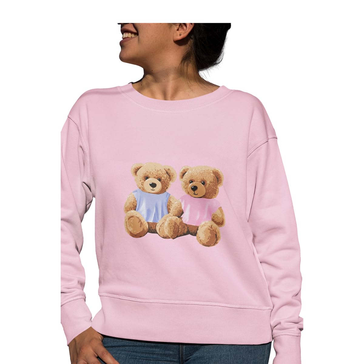 Women Sweatshirt | Teddy Bear | Round Neck | Cotton 300 GSM Fleece | Blue Graphic Pullover | Long Sleeve Top for Casual Wear-image-23