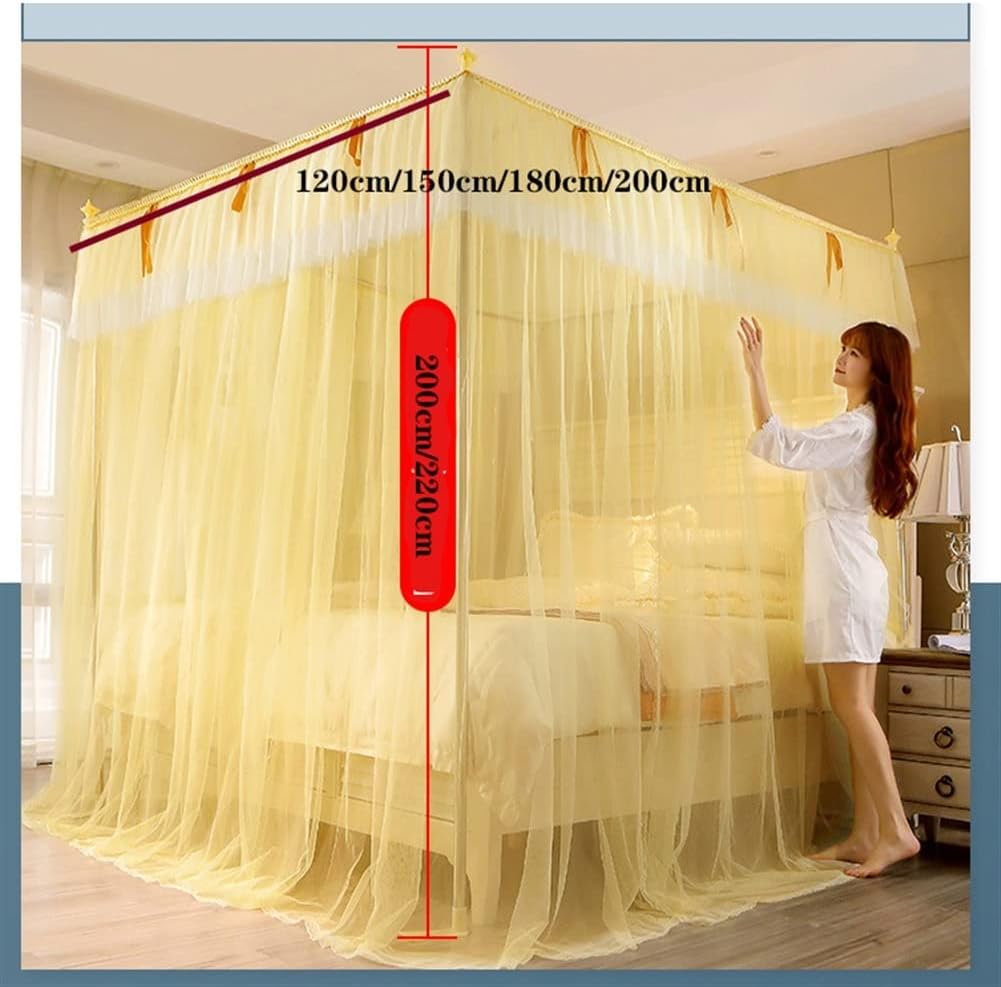 4 Corners Post Canopy with Sturdy Frame Bed Curtain for Girls & Adults Cute Cozy Drape Square Netting 3 Opening Mosquito Net Princess Bedroo