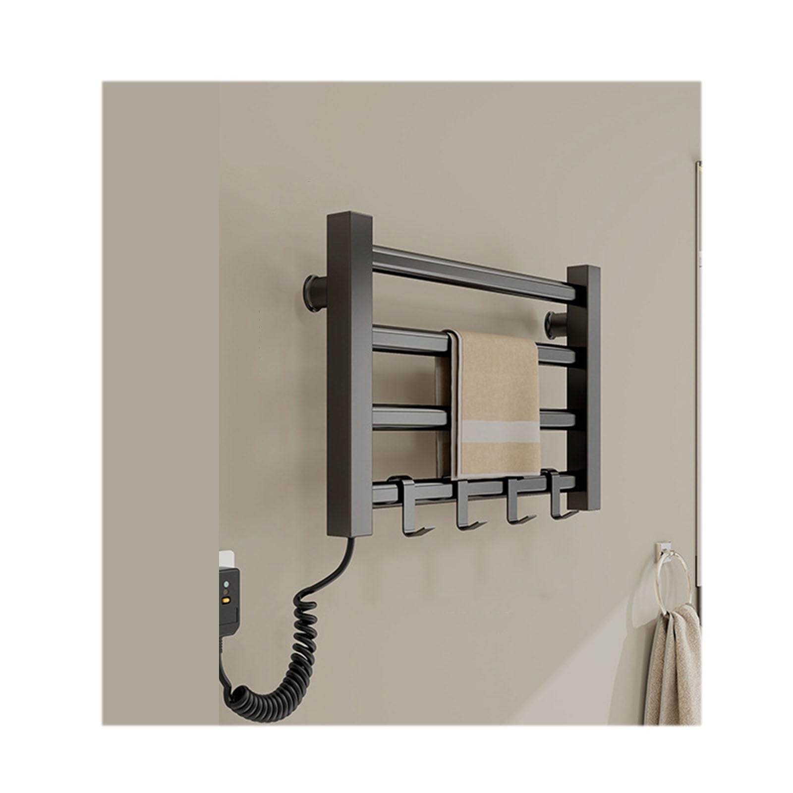 Portasciugamani riscaldato per Bagno da Parete, Piccolo, a Risparmio energetico, con Spina, 4 Barre, Nero, Spina a Sinistra